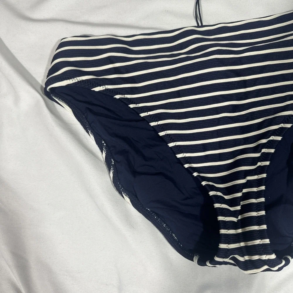 NEW Robin Piccone [‎ Large ] Parker High Waist Stripe Bikini Bottom Navy U1692